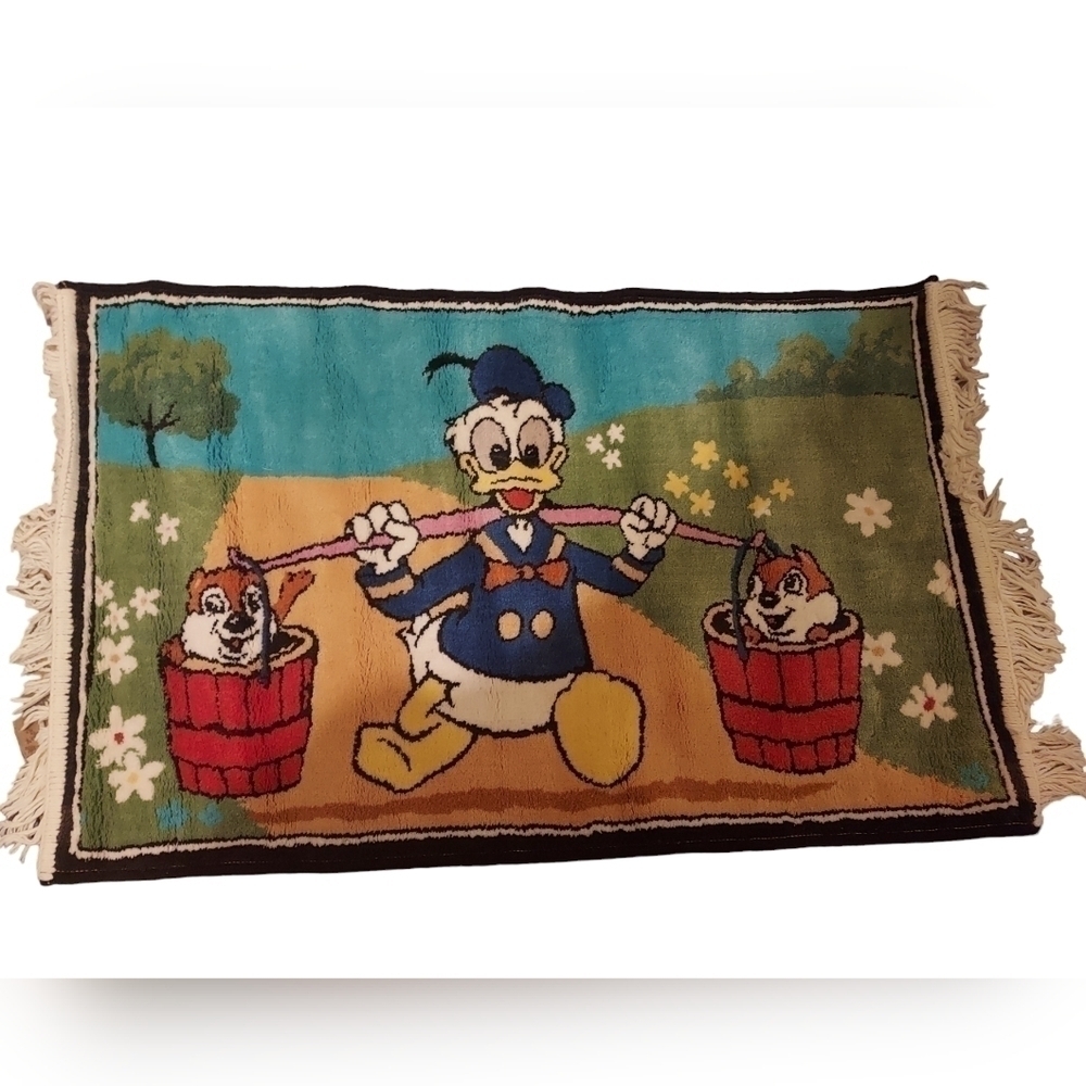 VINTAGE Disney Belgian Cotton Rug Donald Duck Chip & Dale Mat European 35x21.5in